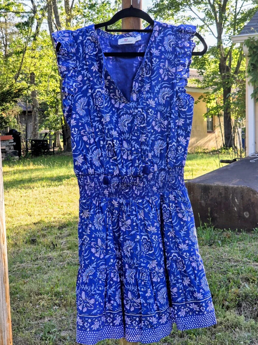 Vineyard Vines Floral Ruffle Sleeves Tie-Neck Smocked Waist Mini Dress S_2